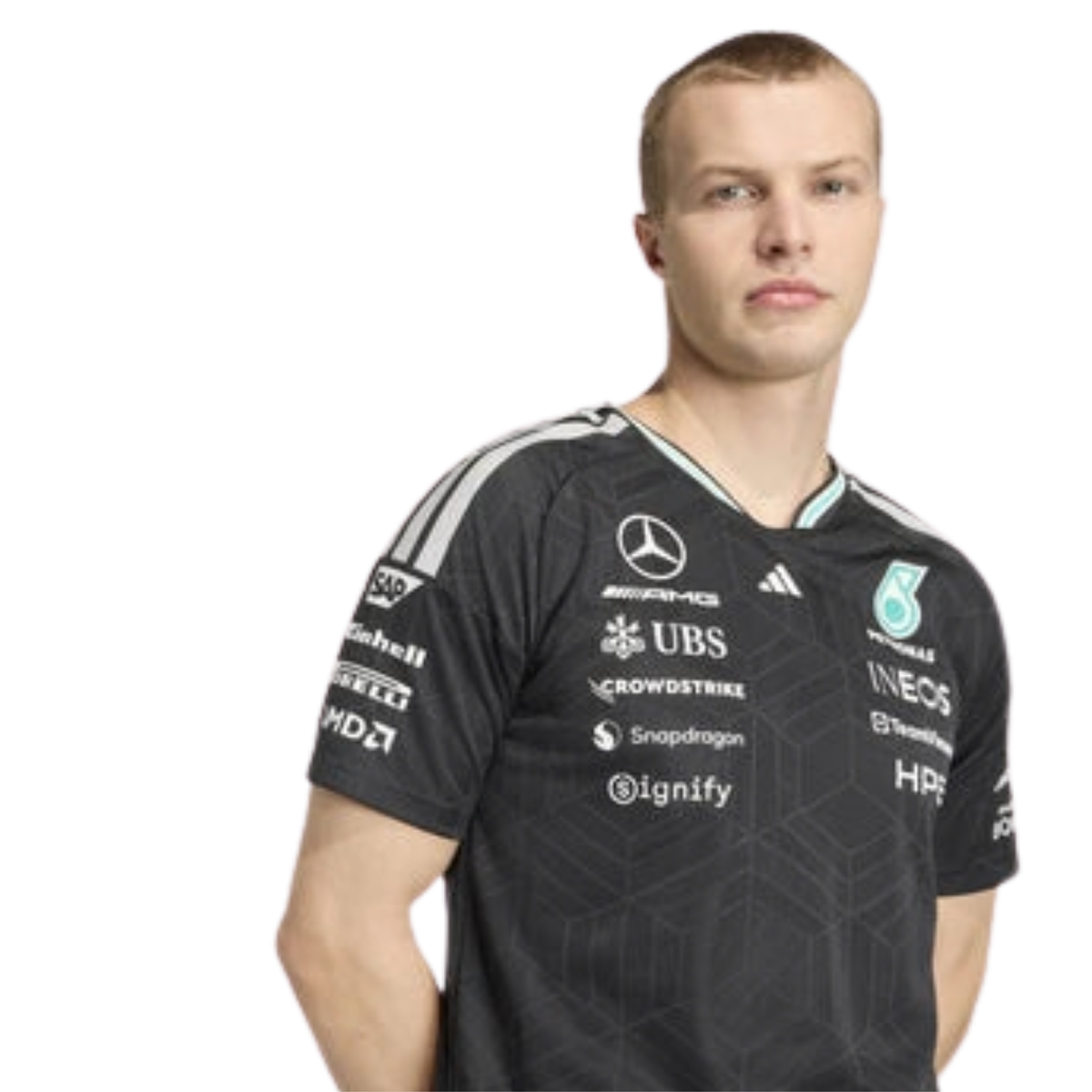 A black Mercedes-AMG Petronas 2026 driver t-shirt featuring an all-over tonal geometric pattern, a V-neck collar with white shoulder stripes and vibrant teal inner trim, and official partner logos including Mercedes-AMG, Petronas, and UBS across the chest.