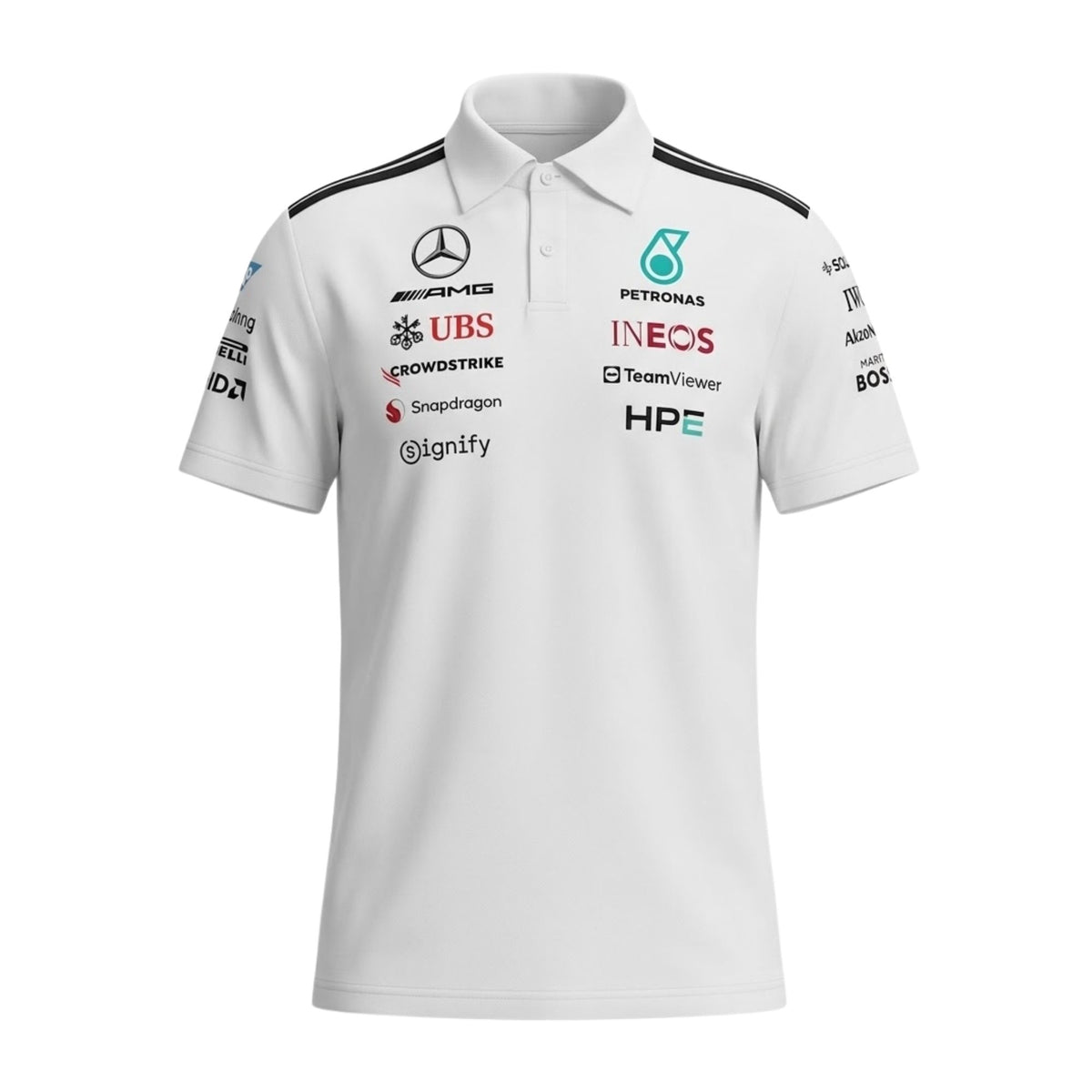 Official Mercedes-AMG Petronas 2026 team polo shirt in white, featuring sponsor logos including INEOS, UBS, and CrowdStrike.