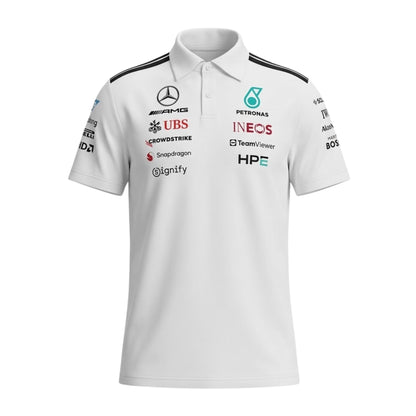 Official Mercedes-AMG Petronas 2026 team polo shirt in white, featuring sponsor logos including INEOS, UBS, and CrowdStrike.