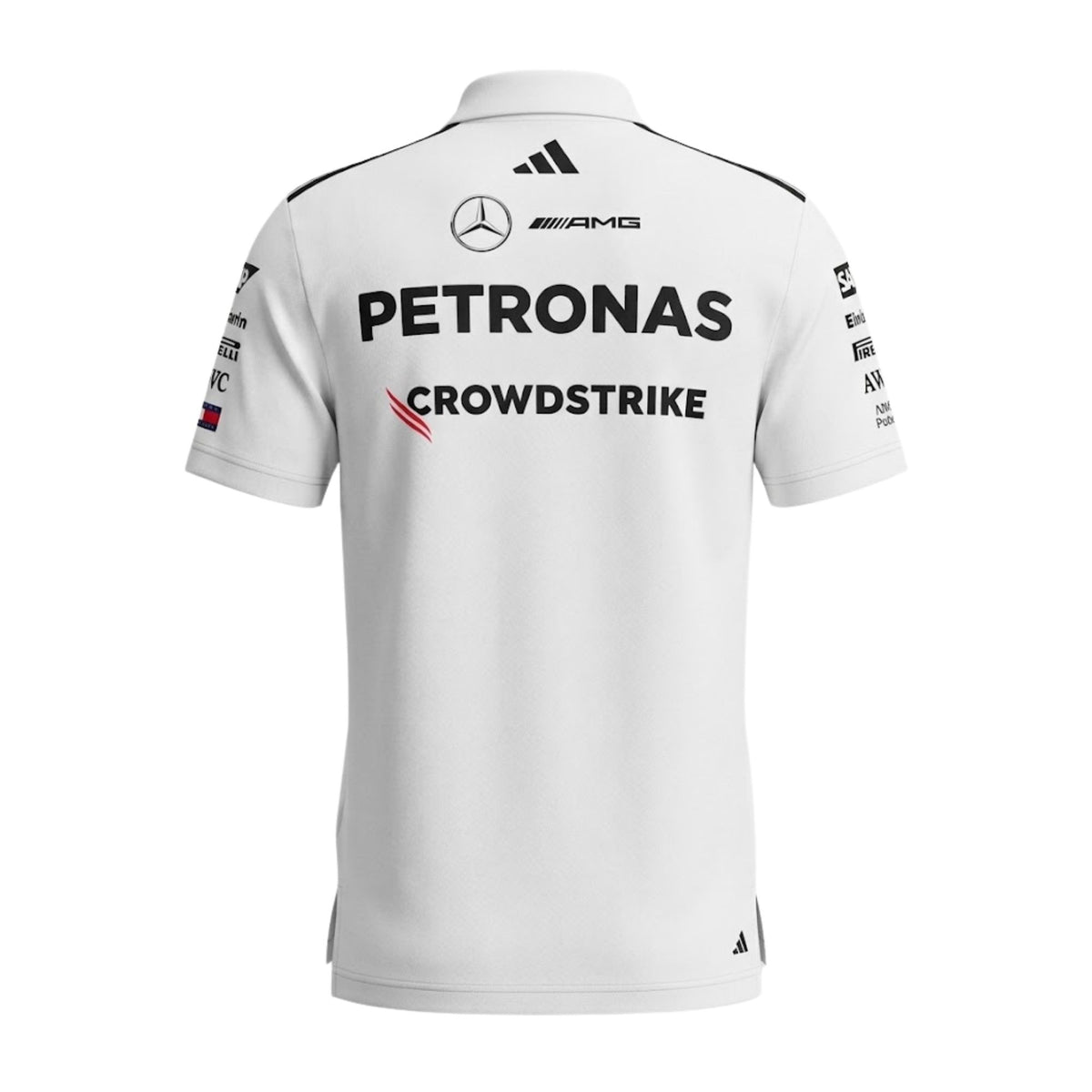 Official Mercedes-AMG Petronas 2026 team polo shirt in white, featuring sponsor logos including INEOS, UBS, and CrowdStrike.