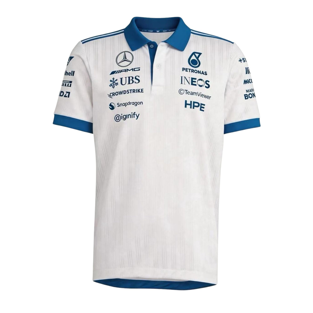 Official Mercedes-AMG Petronas 2026 team polo shirt in white with blue collar, featuring sponsor logos including INEOS, UBS, and CrowdStrike.