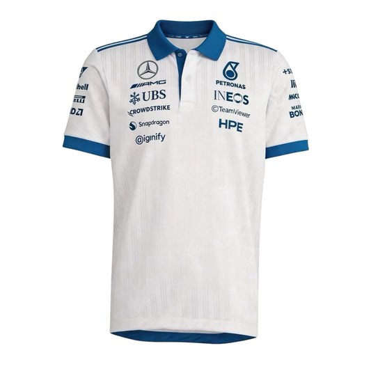 Official Mercedes-AMG Petronas 2026 team polo shirt in white with blue collar, featuring sponsor logos including INEOS, UBS, and CrowdStrike.