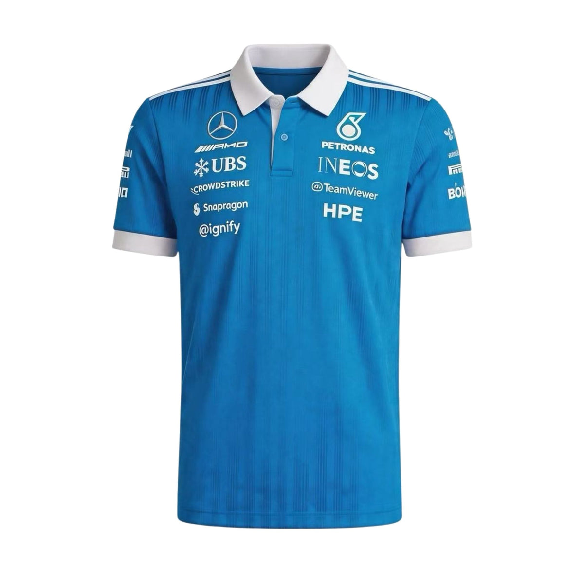 Official Mercedes-AMG Petronas 2026 team polo shirt in blue with a white collar, featuring sponsor logos including INEOS, UBS, and CrowdStrike.