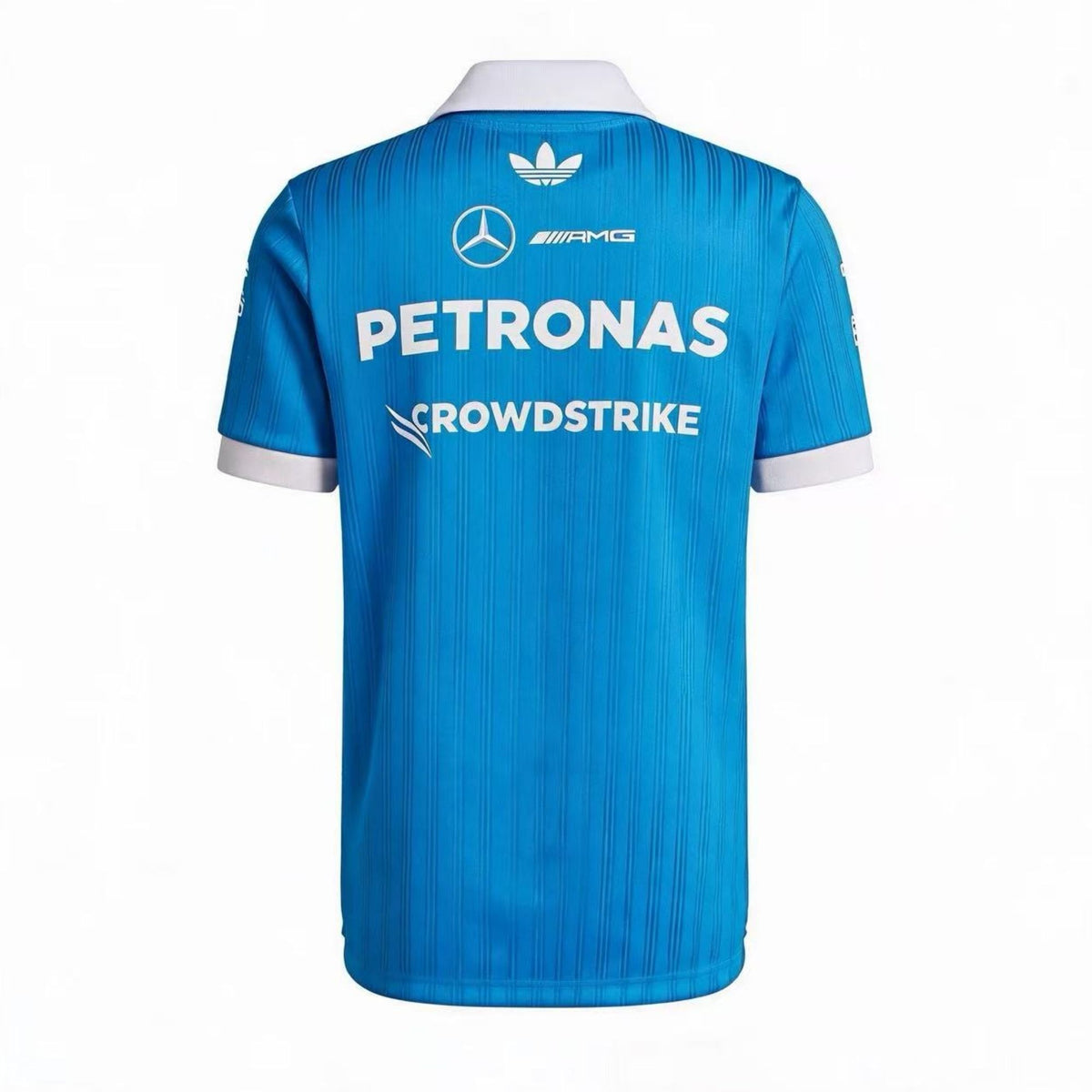 Official Mercedes-AMG Petronas 2026 team polo shirt in blue with a white collar, featuring sponsor logos including INEOS, UBS, and CrowdStrike.