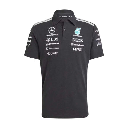 Official Mercedes-AMG Petronas 2026 team polo shirt in dark grey, featuring sponsor logos including INEOS, UBS, and CrowdStrike.