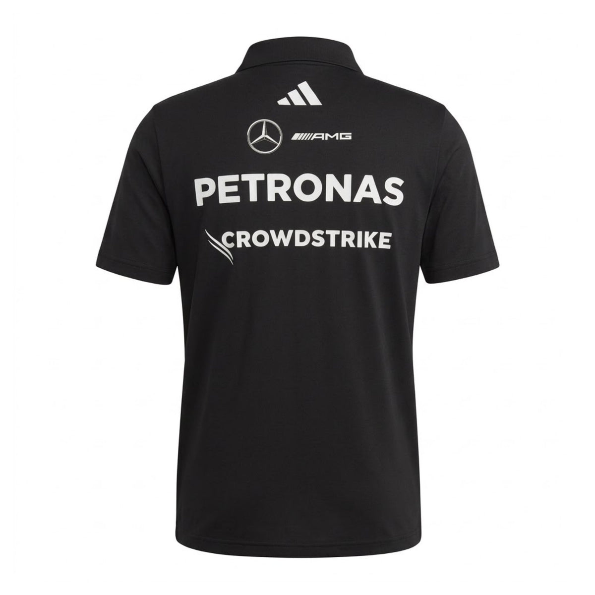 Official Mercedes-AMG Petronas 2026 team polo shirt in dark grey, featuring sponsor logos including INEOS, UBS, and CrowdStrike.