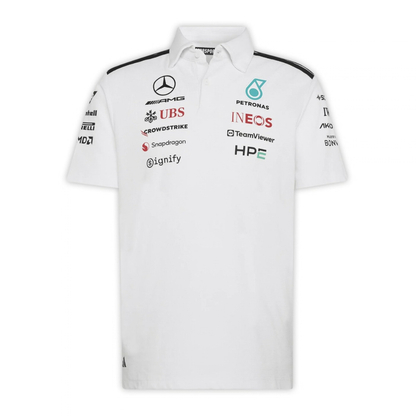 A white Mercedes-AMG Petronas 2026 team polo shirt featuring a classic collar with black shoulder striping, a button placket, and official partner logos including Mercedes-AMG, Petronas, and INEOS across the chest.