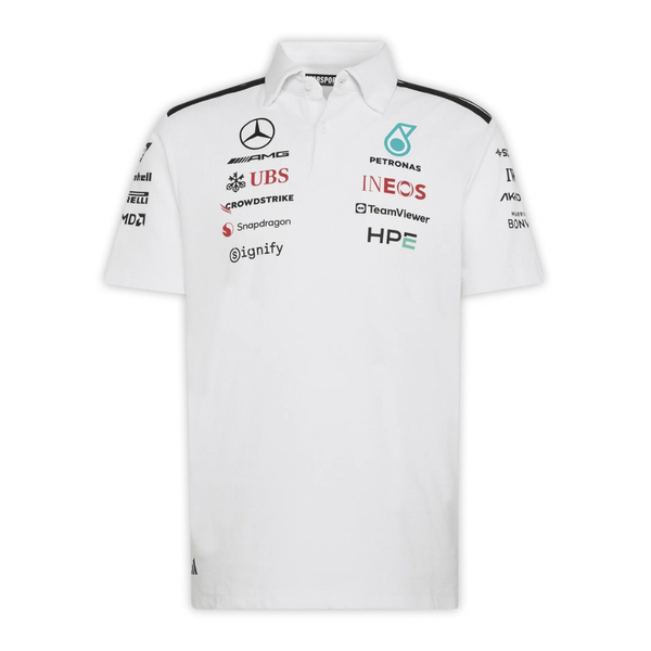 A white Mercedes-AMG Petronas 2026 team polo shirt featuring a classic collar with black shoulder striping, a button placket, and official partner logos including Mercedes-AMG, Petronas, and INEOS across the chest.