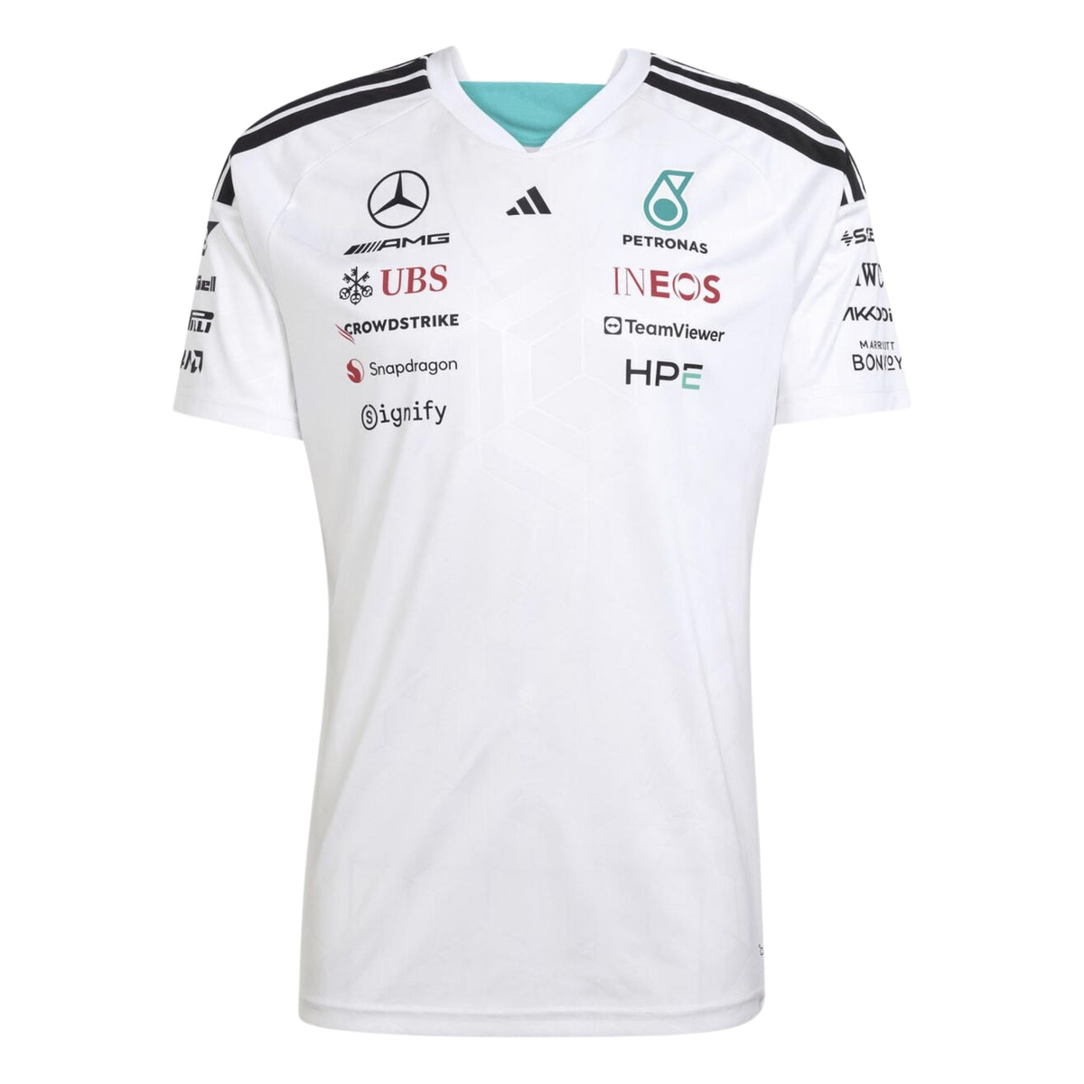 A white Mercedes-AMG Petronas 2026 team t-shirt featuring a V-neck with black shoulder stripes, teal inner collar detailing, and official partner logos including Mercedes-AMG, Petronas, and INEOS across the chest.