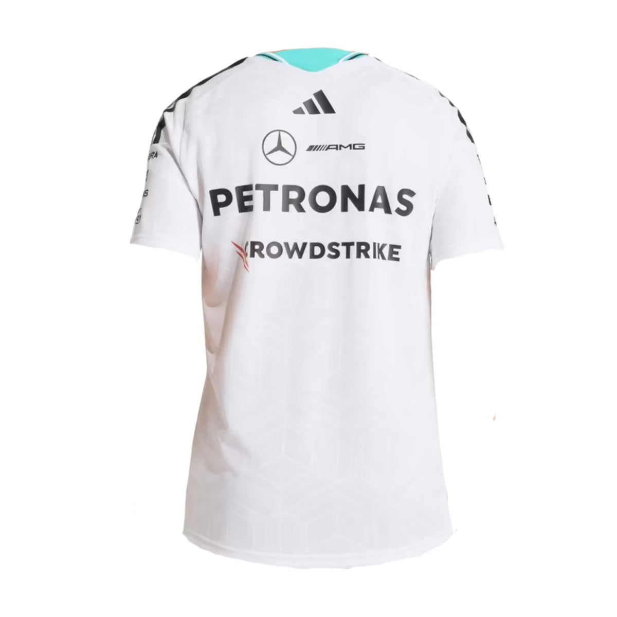 A white Mercedes-AMG Petronas 2026 team t-shirt featuring a V-neck with black shoulder stripes, teal inner collar detailing, and official partner logos including Mercedes-AMG, Petronas, and INEOS across the chest.