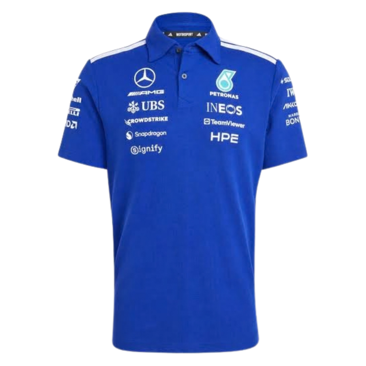 A royal blue Mercedes-AMG Petronas 2026 team polo shirt featuring a classic collar with white shoulder stripes, a button placket, and official partner logos including Mercedes-AMG, Petronas, and UBS across the chest.