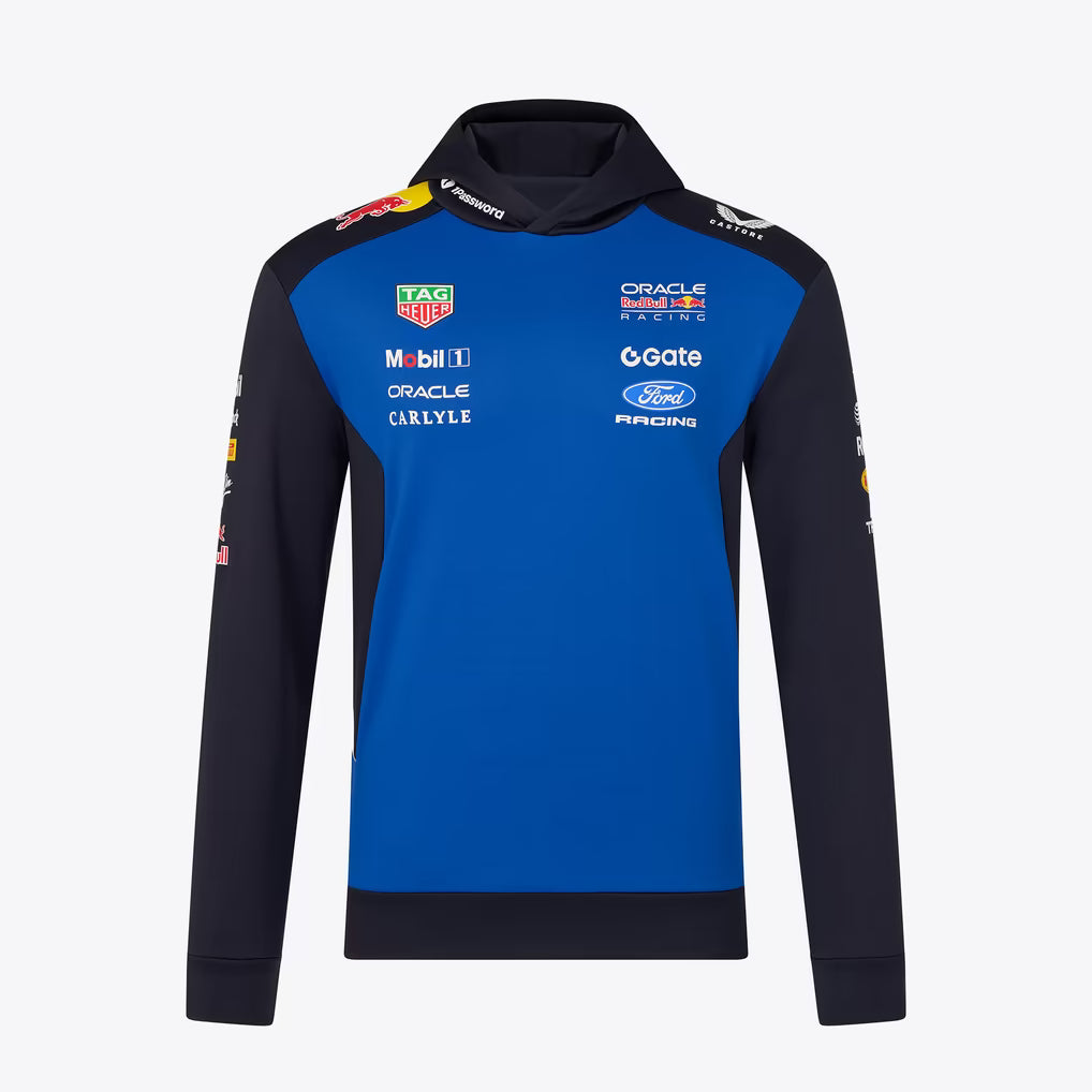 Official Oracle Red Bull Racing 2026 team hoodie in blue and navy, featuring sponsor logos including TAG Heuer, Oracle, and Ford.