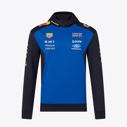 Official Oracle Red Bull Racing 2026 team hoodie in blue and navy, featuring sponsor logos including TAG Heuer, Oracle, and Ford.