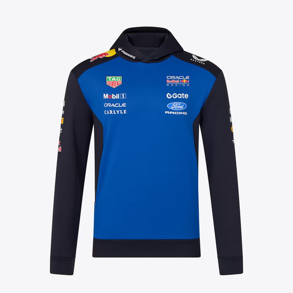 Official Oracle Red Bull Racing 2026 team hoodie in blue and navy, featuring sponsor logos including TAG Heuer, Oracle, and Ford.