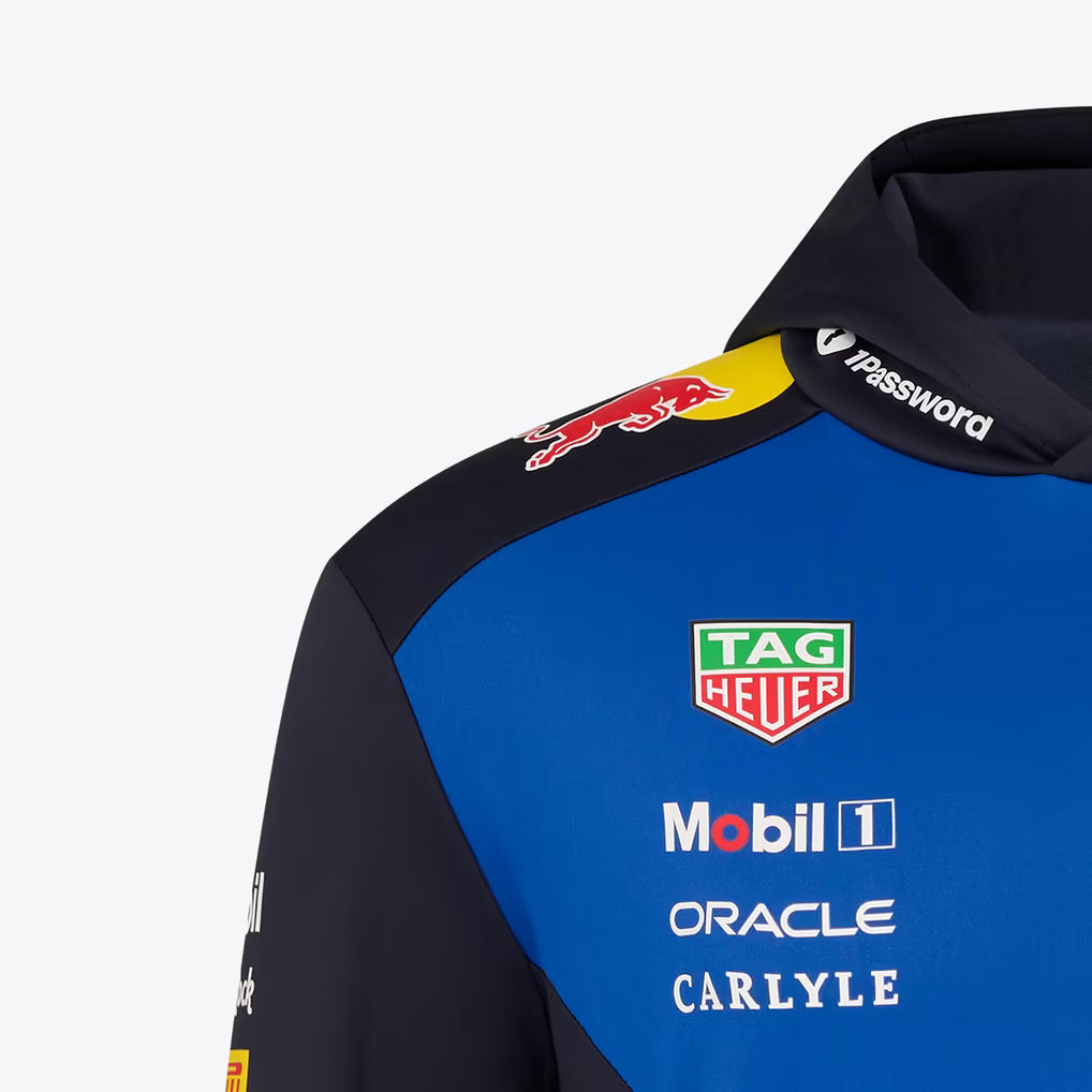 Official Oracle Red Bull Racing 2026 team hoodie in blue and navy, featuring sponsor logos including TAG Heuer, Oracle, and Ford.