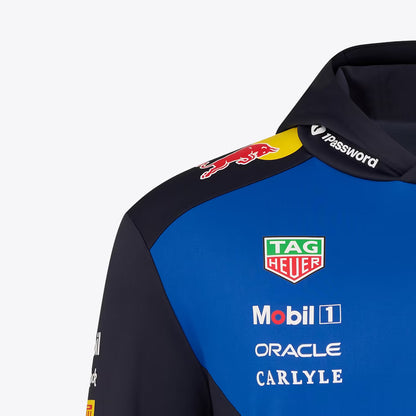 Official Oracle Red Bull Racing 2026 team hoodie in blue and navy, featuring sponsor logos including TAG Heuer, Oracle, and Ford.