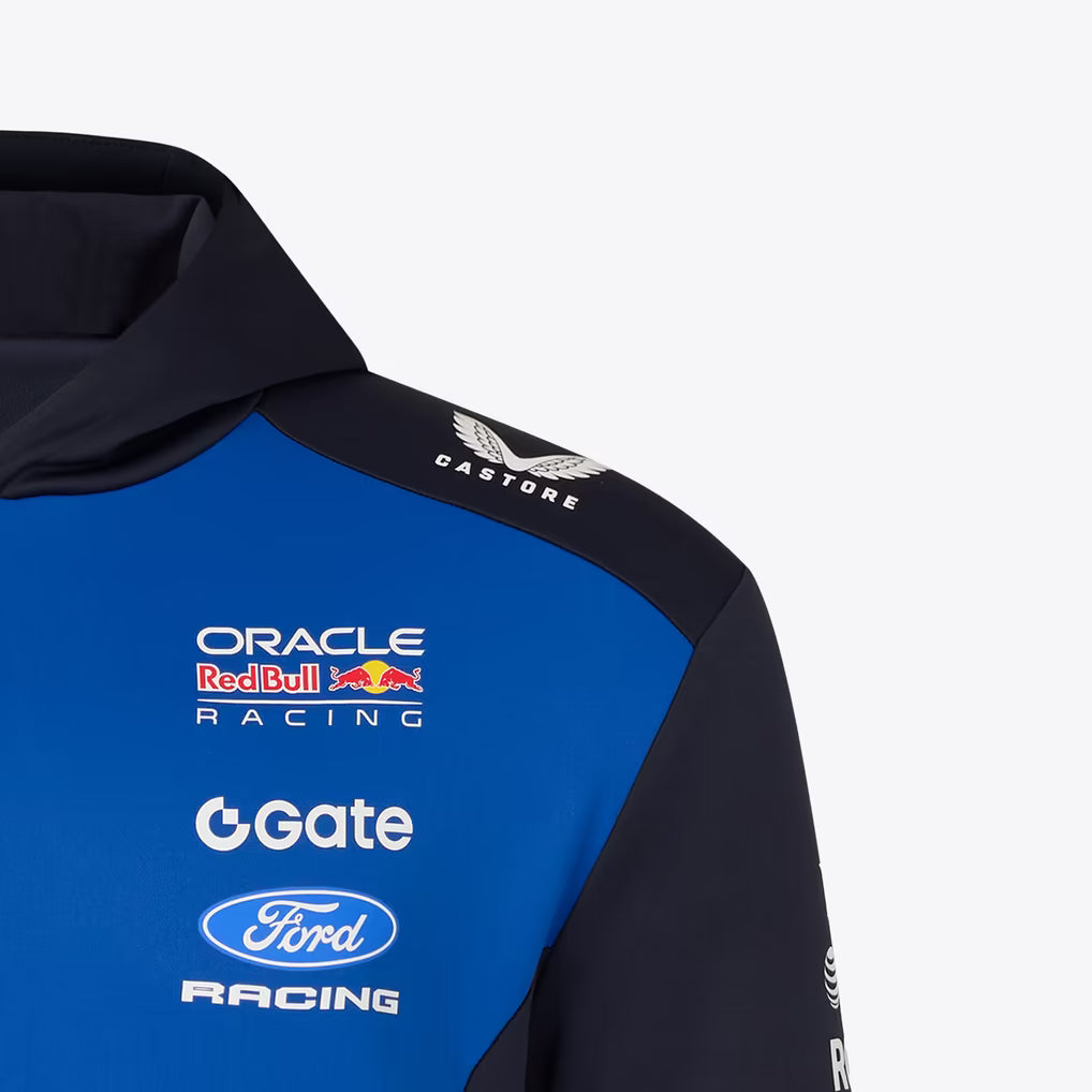 Official Oracle Red Bull Racing 2026 team hoodie in blue and navy, featuring sponsor logos including TAG Heuer, Oracle, and Ford.