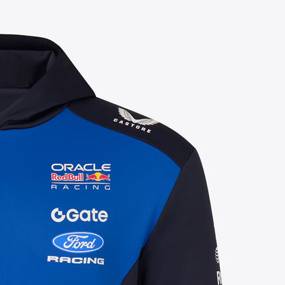 Official Oracle Red Bull Racing 2026 team hoodie in blue and navy, featuring sponsor logos including TAG Heuer, Oracle, and Ford.