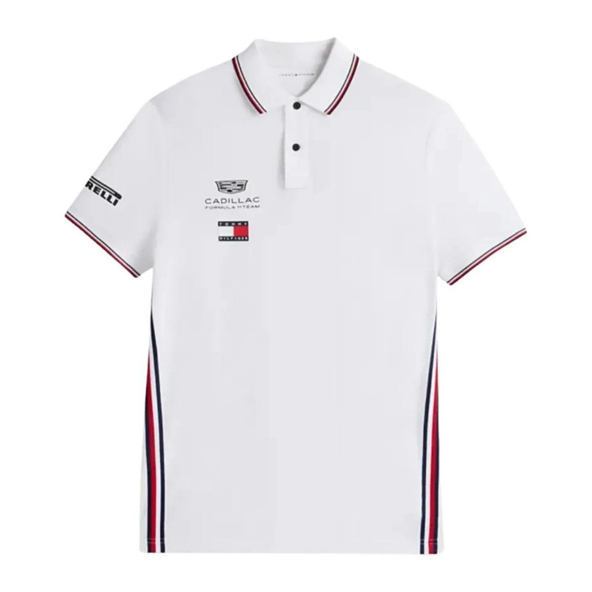 Official Cadillac 2026 team polo shirt in white, featuring sponsor logos including Tommy Hilfiger and Pirelli.