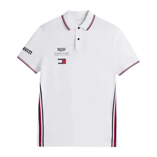 Official Cadillac 2026 team polo shirt in white, featuring sponsor logos including Tommy Hilfiger and Pirelli.