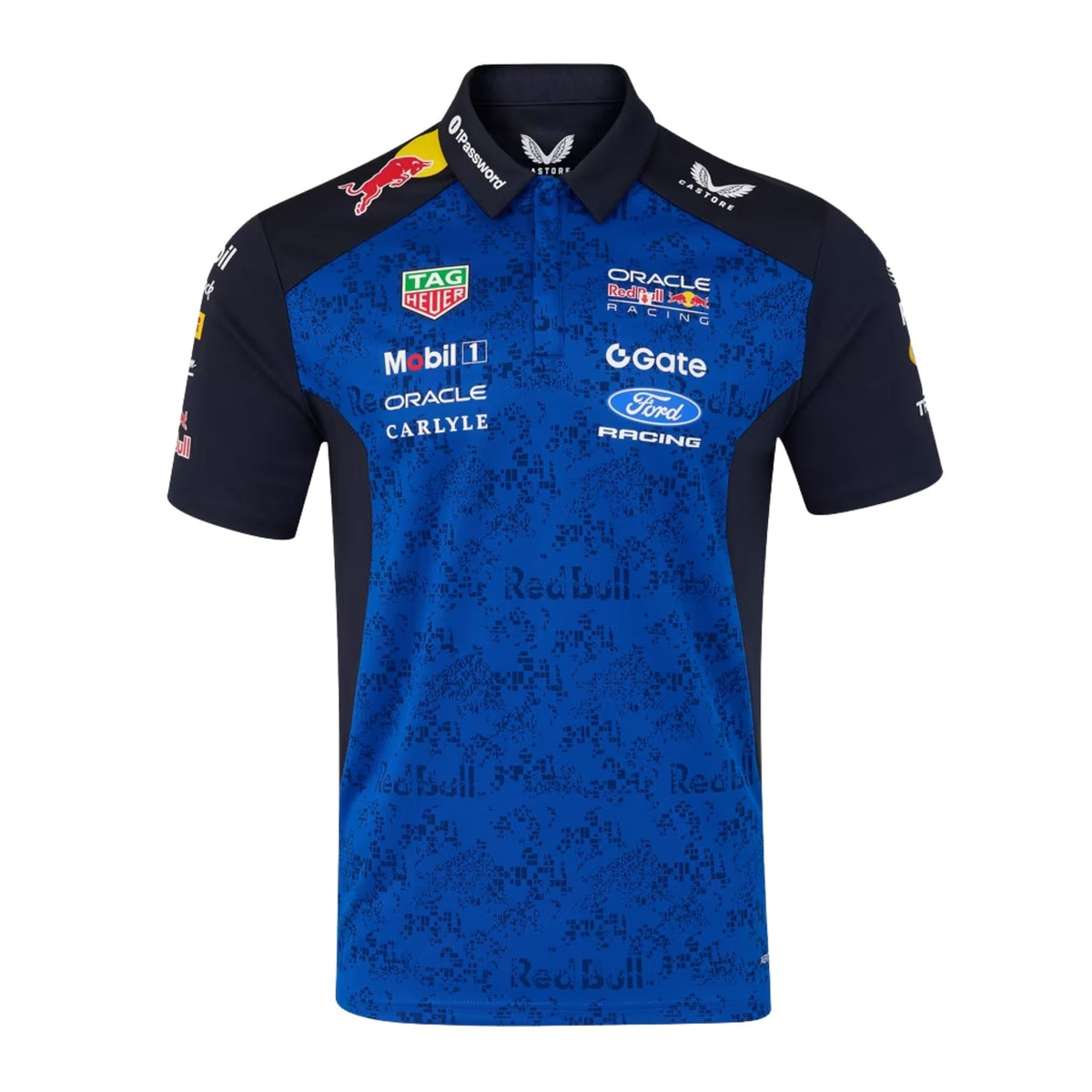 Official Oracle Red Bull Racing 2026 team polo shirt in blue and navy, featuring sponsor logos including Oracle, TAG Heuer, and Ford.