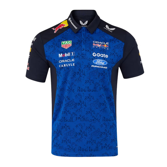 Official Oracle Red Bull Racing 2026 team polo shirt in blue and navy, featuring sponsor logos including Oracle, TAG Heuer, and Ford.