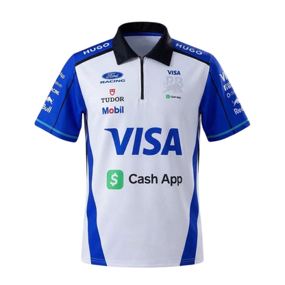 Official Visa Cash App RB 2026 team polo shirt in white and blue, featuring sponsor logos including Visa, Cash App, and Ford Racing.