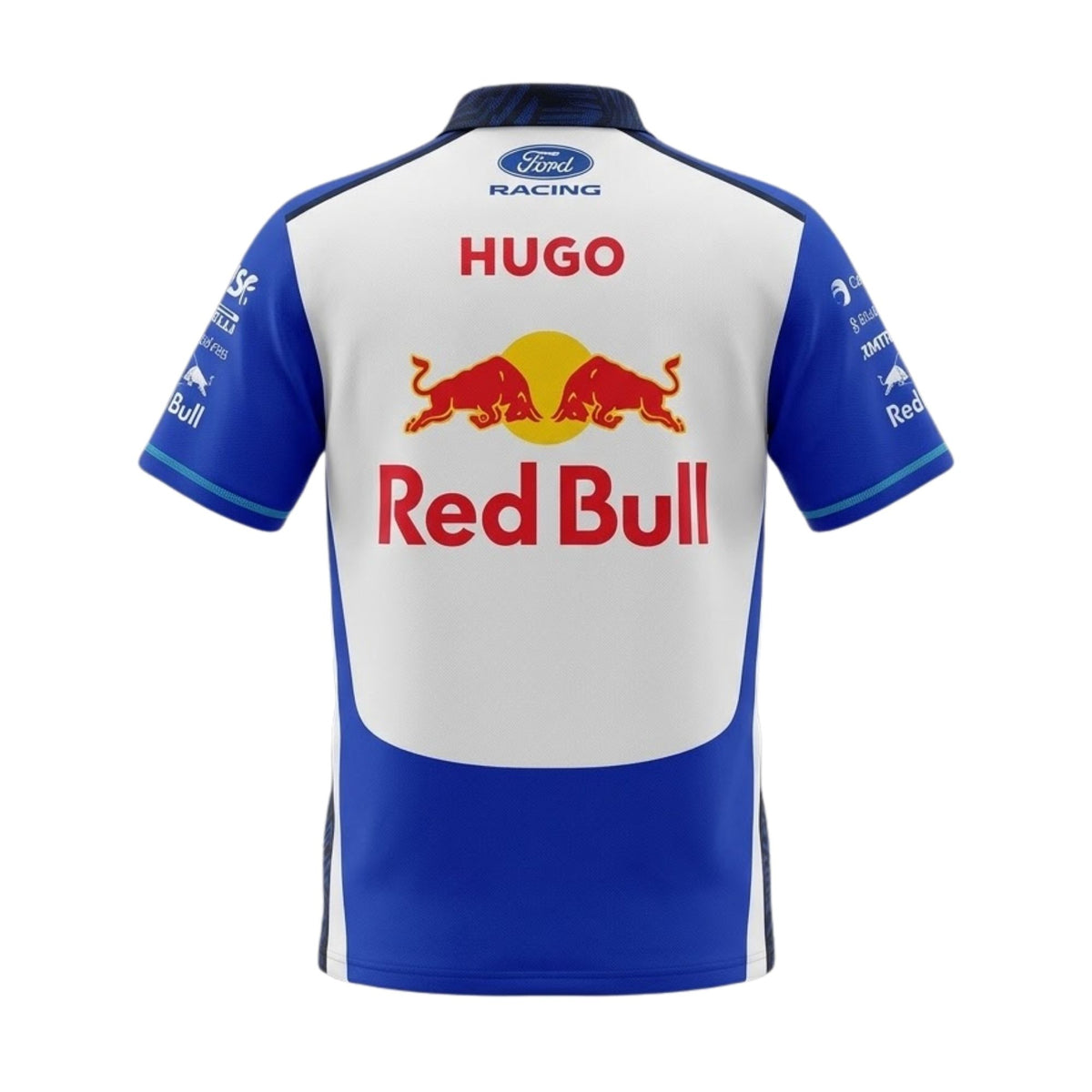 Official Visa Cash App RB 2026 team polo shirt in white and blue, featuring sponsor logos including Visa, Cash App, and Ford Racing.