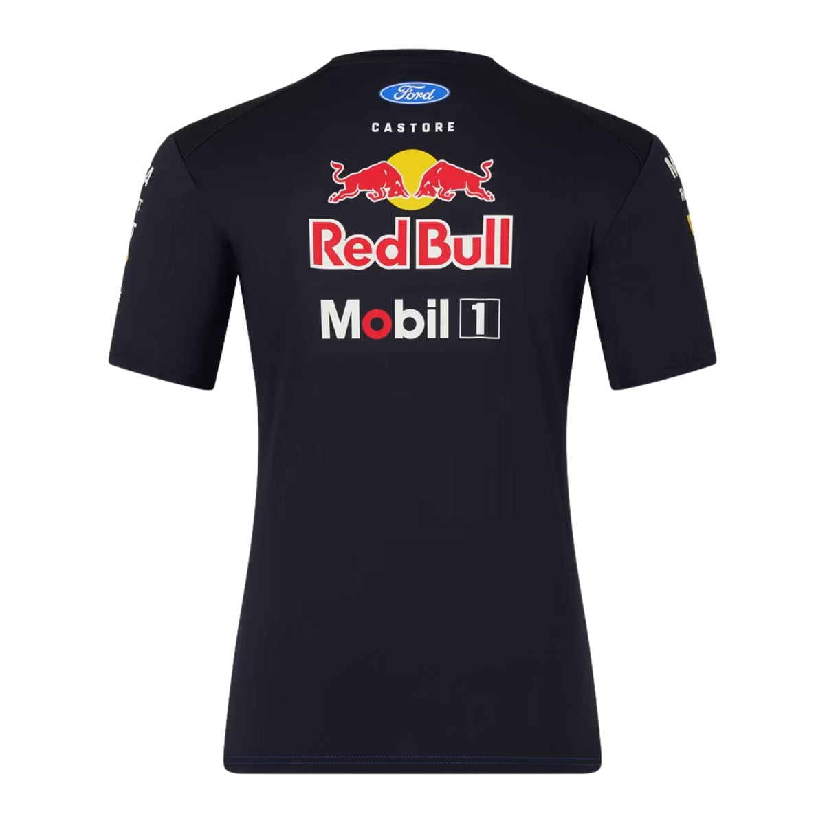A navy blue and royal blue Oracle Red Bull Racing 2026 team t-shirt featuring a digital camouflage pattern, a crew neck, black sleeves, and prominent partner logos including TAG Heuer, Mobil 1, Ford Racing, and Oracle across the chest.