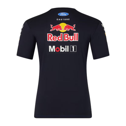 A navy blue and royal blue Oracle Red Bull Racing 2026 team t-shirt featuring a digital camouflage pattern, a crew neck, black sleeves, and prominent partner logos including TAG Heuer, Mobil 1, Ford Racing, and Oracle across the chest.