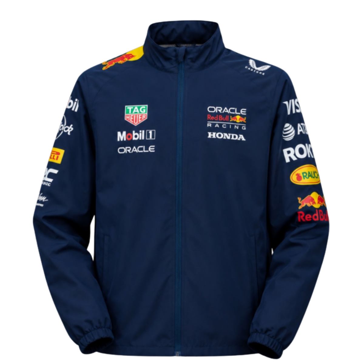 A dark blue Oracle Red Bull Racing 2026 team windbreaker jacket featuring a full front zipper, stand-up collar, and official partner logos including TAG Heuer, Mobil 1, Oracle, and Honda across the chest.