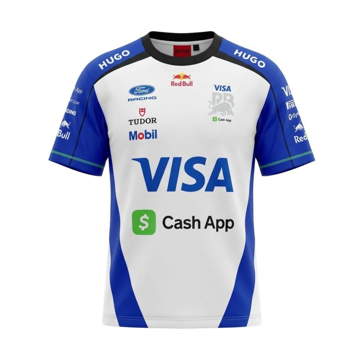 A white and blue Visa Cash App RB (VCARB) F1 2026 team t-shirt featuring a crew neck, blue sleeves, and prominent partner logos including Visa, Cash App, Ford Racing, and Hugo across the chest.