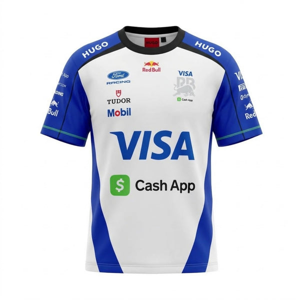 A white and blue Visa Cash App RB (VCARB) F1 2026 team t-shirt featuring a crew neck, blue sleeves, and prominent partner logos including Visa, Cash App, Ford Racing, and Hugo across the chest.