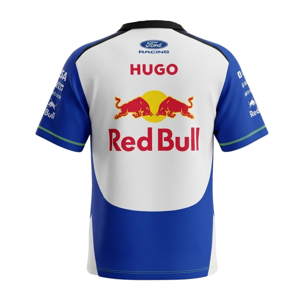 A white and blue Visa Cash App RB (VCARB) F1 2026 team t-shirt featuring a crew neck, blue sleeves, and prominent partner logos including Visa, Cash App, Ford Racing, and Hugo across the chest.