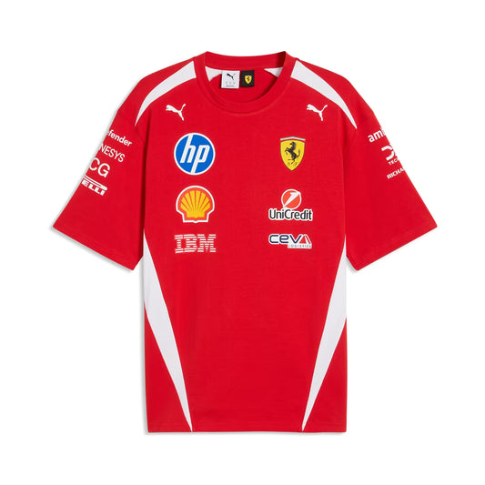A red and white Scuderia Ferrari 2026 drivers relaxed t-shirt featuring a crew neck, white side panels, and official partner logos including HP, Shell, and UniCredit across the chest.
