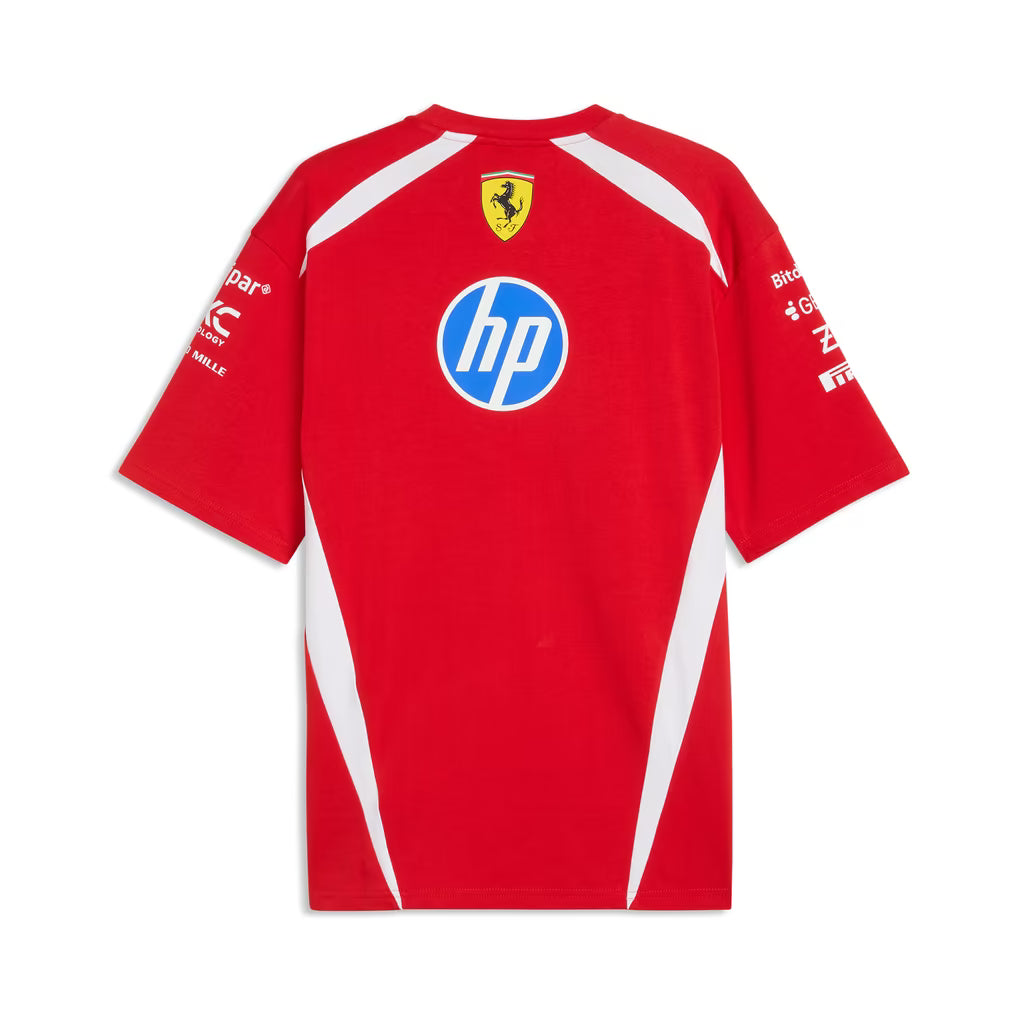 A red and white Scuderia Ferrari 2026 drivers relaxed t-shirt featuring a crew neck, white side panels, and official partner logos including HP, Shell, and UniCredit across the chest.