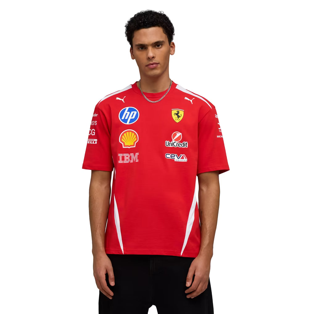 A red and white Scuderia Ferrari 2026 drivers relaxed t-shirt featuring a crew neck, white side panels, and official partner logos including HP, Shell, and UniCredit across the chest.