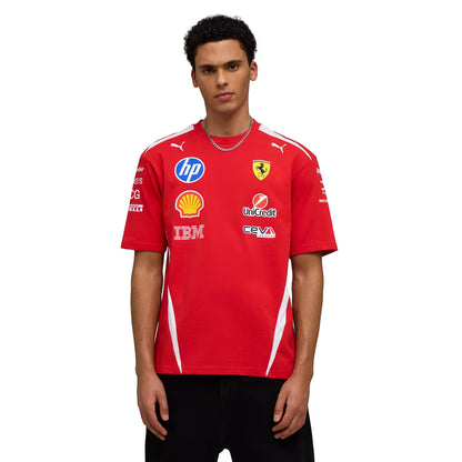 A red and white Scuderia Ferrari 2026 drivers relaxed t-shirt featuring a crew neck, white side panels, and official partner logos including HP, Shell, and UniCredit across the chest.