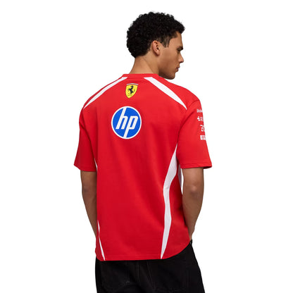 A red and white Scuderia Ferrari 2026 drivers relaxed t-shirt featuring a crew neck, white side panels, and official partner logos including HP, Shell, and UniCredit across the chest.
