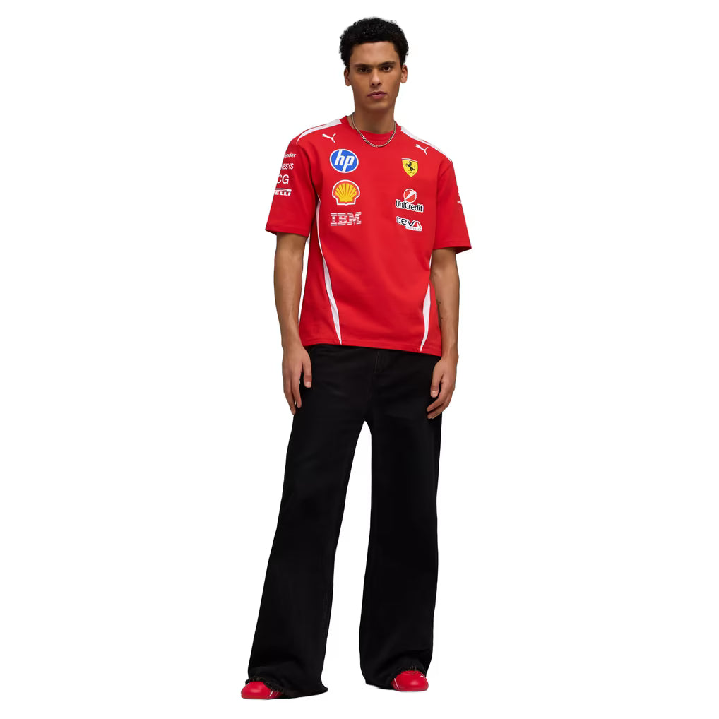 A red and white Scuderia Ferrari 2026 drivers relaxed t-shirt featuring a crew neck, white side panels, and official partner logos including HP, Shell, and UniCredit across the chest.