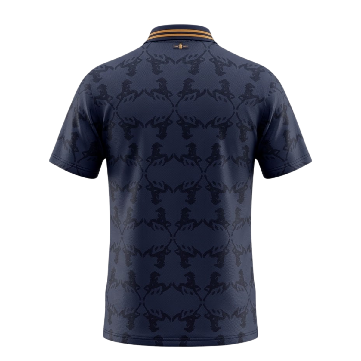 A dark gray and gold Scuderia Ferrari 2026 community t-shirt featuring a subtle all-over Prancing Horse pattern, a V-neck collar, and the classic "Scuderia Ferrari" script across the chest.