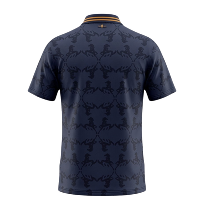 A dark gray and gold Scuderia Ferrari 2026 community t-shirt featuring a subtle all-over Prancing Horse pattern, a V-neck collar, and the classic "Scuderia Ferrari" script across the chest.