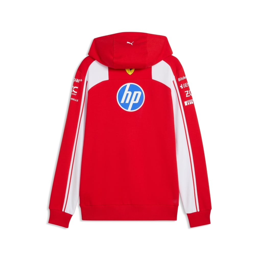 Official Scuderia Ferrari 2026 team hoodie in red and white, featuring sponsor logos including HP, Shell, and UniCredit.