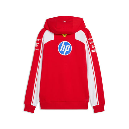 Official Scuderia Ferrari 2026 team hoodie in red and white, featuring sponsor logos including HP, Shell, and UniCredit.