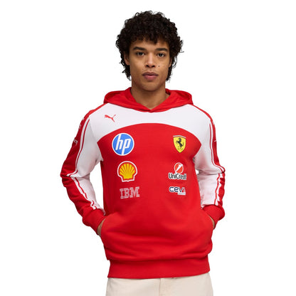 Official Scuderia Ferrari 2026 team hoodie in red and white, featuring sponsor logos including HP, Shell, and UniCredit.