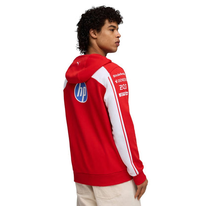 Official Scuderia Ferrari 2026 team hoodie in red and white, featuring sponsor logos including HP, Shell, and UniCredit.