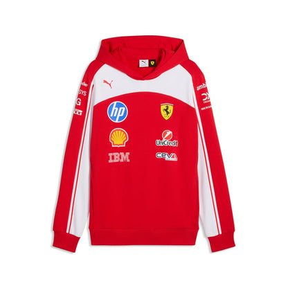 Official Scuderia Ferrari 2026 team hoodie in red and white, featuring sponsor logos including HP, Shell, and UniCredit.