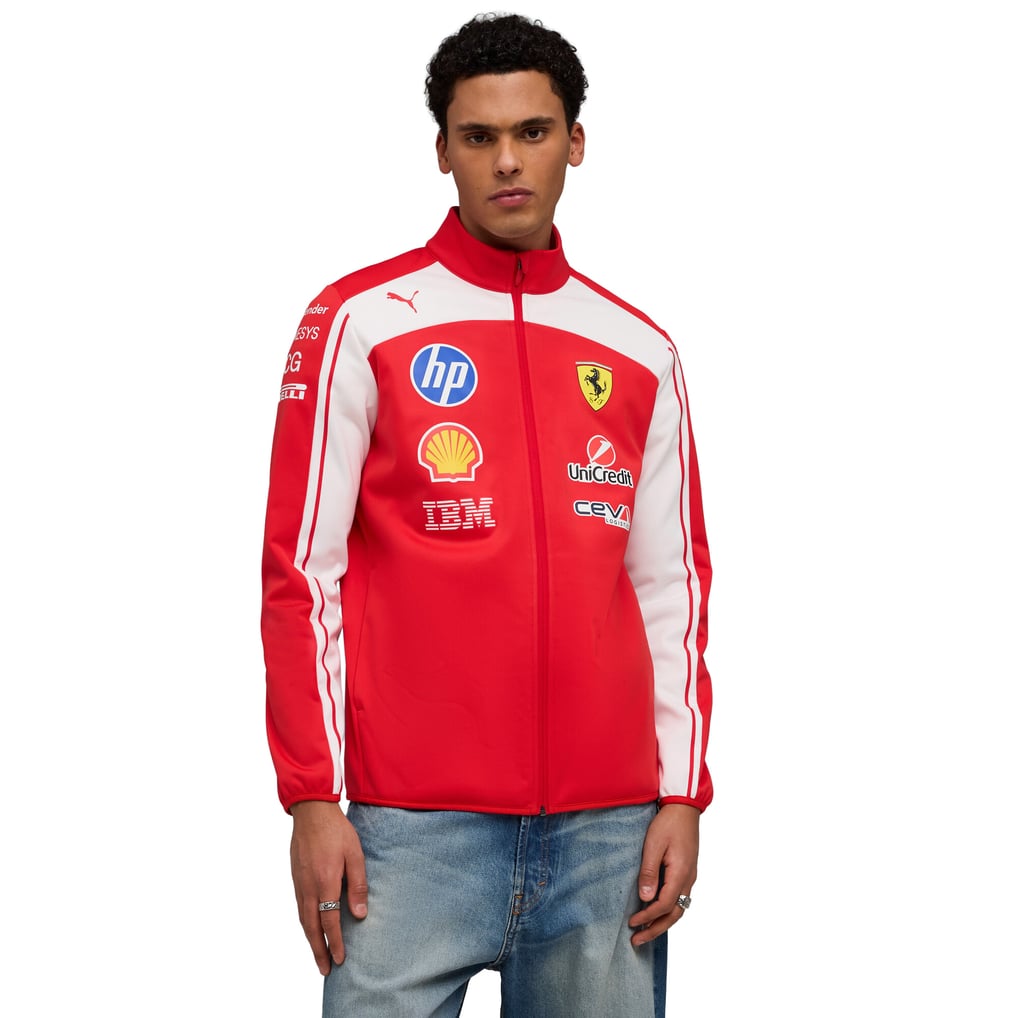 Official Scuderia Ferrari 2026 team jacket in red and white, featuring sponsor logos including HP, Shell, and UniCredit.