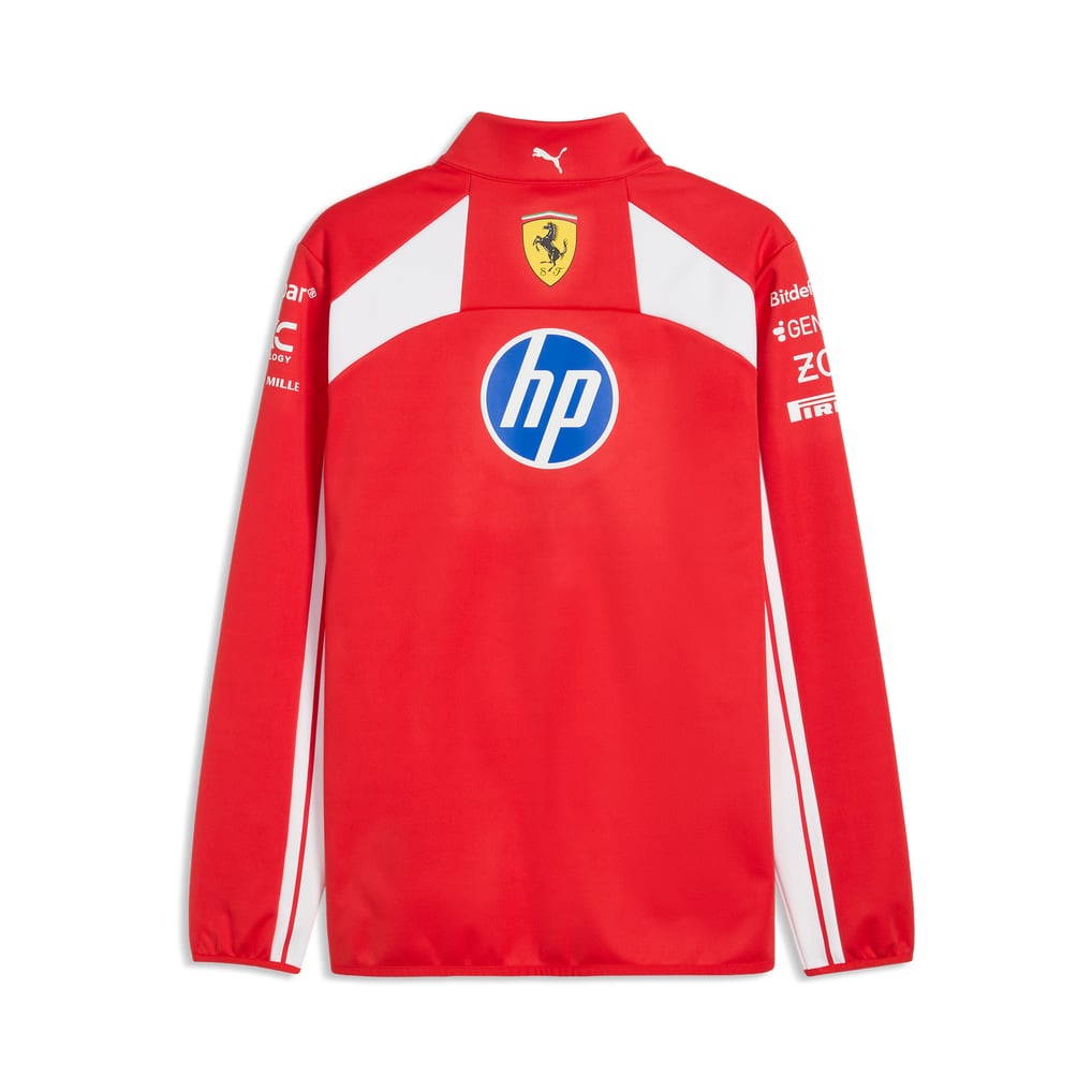 Official Scuderia Ferrari 2026 team jacket in red and white, featuring sponsor logos including HP, Shell, and UniCredit.