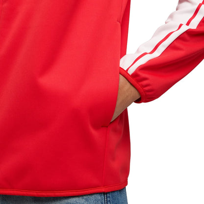 Official Scuderia Ferrari 2026 team jacket in red and white, featuring sponsor logos including HP, Shell, and UniCredit.